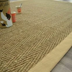 DÉCOWEB Tapis Jonc De Mer Bihar Fin Chevron - Ganse Coton Beige - 160 X 230 Cm
