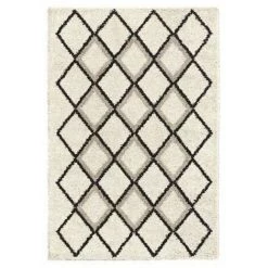 NAZAR SUZAN Tapis De Salon Shaggy - Style Berbere - 150 X 220 Cm - Creme Et Gris - Motif Géométrique