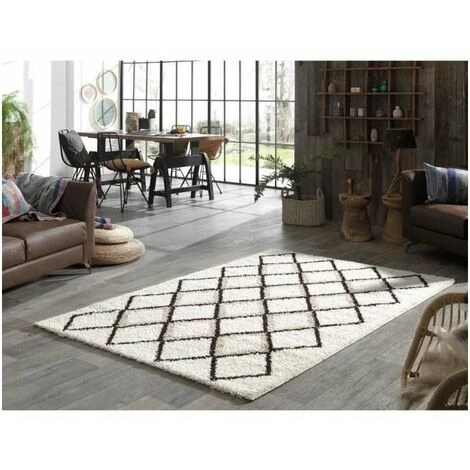 NAZAR SUZAN Tapis De Salon Shaggy - Style Berbere - 150 X 220 Cm - Creme Et Gris - Motif Géométrique 2 NAZAR SUZAN Tapis De Salon Shaggy - Style Berbere - 150 X 220 Cm - Creme Et Gris - Motif Géométrique – Image 2