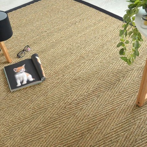 DÉCOWEB Tapis Jonc De Mer Assam Chevron - Ganse Coton Noire - 140 X 200 Cm 2 DÉCOWEB Tapis Jonc De Mer Assam Chevron - Ganse Coton Noire - 140 X 200 Cm – Image 2