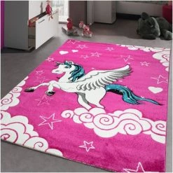 DEZENCO Tapis Salon 160x230 Cm Rectangulaire LICORNE VOLANTE Rose Chambre Adapté Au Chauffage Par Le Sol - Rose