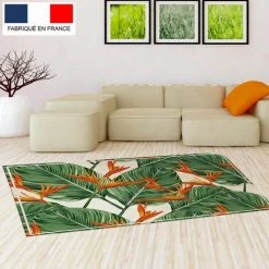Tapis Décoration Vinyle Tarkett 80x120 Pour Salon Chambre Bureau - Style Tropical Motif Fleurs Vert Et Orange