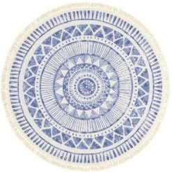 DÉCOWEB Tapis Rond En Coton Blanc à Franges - Aztèque - Motifs Bleu - Ø 90 Cm