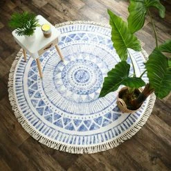 DÉCOWEB Tapis Rond En Coton Blanc à Franges - Aztèque - Motifs Bleu - Ø 90 Cm -Tapis et paillasson Soldes 23813604 3