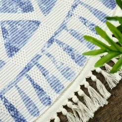 DÉCOWEB Tapis Rond En Coton Blanc à Franges - Aztèque - Motifs Bleu - Ø 90 Cm -Tapis et paillasson Soldes 23813604 5