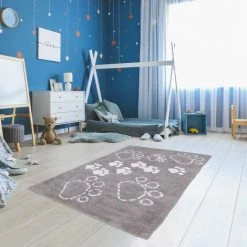 UNAMOURDETAPIS Tapis Enfant 60x110 Cm Rectangulaire PATTES 100% BIO Gris Chambre Tufté Main Coton - Gris