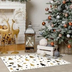 Tapis Décoration Hiver - Tapis En Vinyle Tarkett - Sous Cheminée - 49,5x83 - Motif Sapins Noir Et Doré