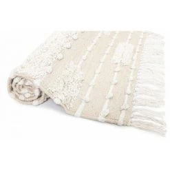 RIDEAUDISCOUNT Tapis 100% Coton 60 X 110 Cm Avec Franges Et Bandes Tissées Irrégulières Petites Boules En Relief Naturel - Naturel