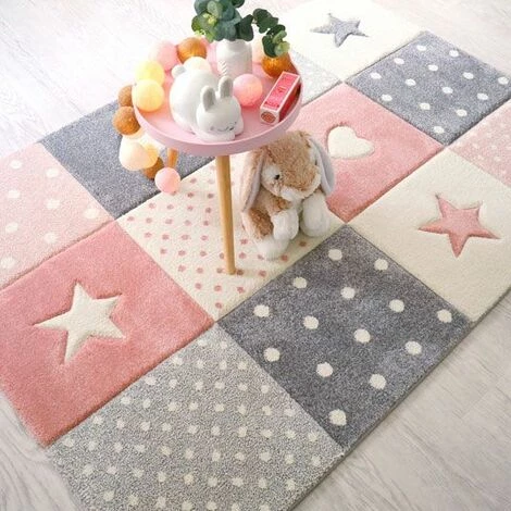 DÉCOWEB Tapis Enfant Fille - Étoile Et Cœur - Rose Pastel Gris Crème - 120 X 170 Cm 2 DÉCOWEB Tapis Enfant Fille - Étoile Et Cœur - Rose Pastel Gris Crème - 120 X 170 Cm – Image 2