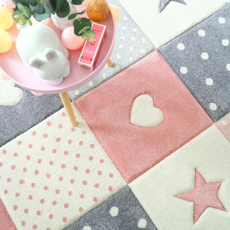 DÉCOWEB Tapis Enfant Fille - Étoile Et Cœur - Rose Pastel Gris Crème - 120 X 170 Cm 3 DÉCOWEB Tapis Enfant Fille - Étoile Et Cœur - Rose Pastel Gris Crème - 120 X 170 Cm – Image 3