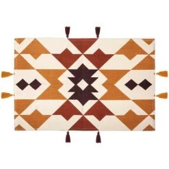 Atmosphera - Tapis Décoratif En Coton Imprimé Avec Pompons 60 X 90 Cm - Ocre