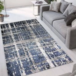WMD Tapis De Salon De Design Moderne à Poils Courts Bleu Gris Double BLU001 | Taille: 160 X 230