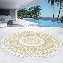 IDMARKET Tapis Extérieur ROND Naturel Et Blanc D.150 CM - Blanc