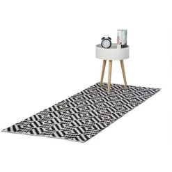 Relaxdays Tapis De Passage Avec Imprimé Géométrique Coton Blanc Et Noir Couloir Salon 80x200 Cm, Noir Blanc