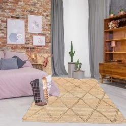 JADOREL Tapis Kilim 80x150 Cm Rectangulaire KL JUTE LOSANGE Crème Chambre Tissé à La Main Jute - Crème