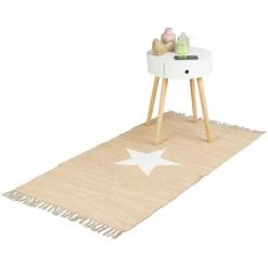 Relaxdays Tapis à Franges 70 X 140 Cm, Avec Motif étoile, Tissé à La Main, 100% Coton, Beau Design, Pratique, Beige