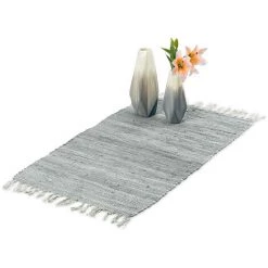 Relaxdays Tapis à Franges, Coton, 50 X 80 Cm, Antidérapant, Tissé à La Main, Chambre, Salon, Couloir, Entrée, Gris