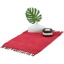 Relaxdays Tapis à Franges, 50 X 80 Cm, Coton, Tissé à La Main, Antidérapant, Lavable, Chambre, Salon, Entrée, Rouge