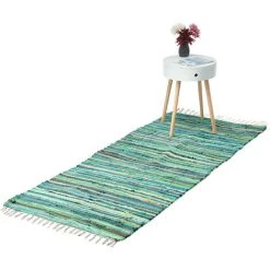 Relaxdays Tapis à Franges, 80 X 200 Cm, Coton, Tissé à La Main, Antidérapant, Salon, Entrée, Nuances De Couleurs, Vert