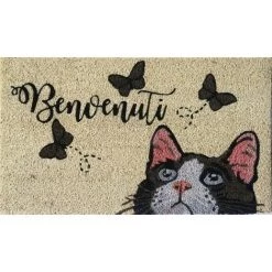Baroni Home Paillasson Extérieur Coco, Revêtement De L'envers En PVC, Peint à La Main, Solide Et Nettoyage Facile, 70X40X2 Cm – Tapis à Motif Chaton Et Papillons Et Message « Benvenuti »