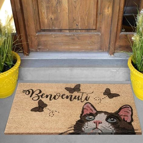 Baroni Home Paillasson Extérieur Coco, Revêtement De L'envers En PVC, Peint à La Main, Solide Et Nettoyage Facile, 70X40X2 Cm – Tapis à Motif Chaton Et Papillons Et Message « Benvenuti » 4 Baroni Home Paillasson Extérieur Coco, Revêtement De L'envers En PVC, Peint à La Main, Solide Et Nettoyage Facile, 70X40X2 Cm – Tapis à Motif Chaton Et Papillons Et Message « Benvenuti » – Image 4