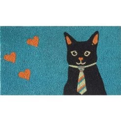 Baroni Home Paillasson Extérieur Coco, Revêtement De L'envers En PVC, Peint à La Main, Solide Et Nettoyage Facile, 70X40X2 Cm – Tapis à Motif Chat Noir Avec Cravate Et Cœurs