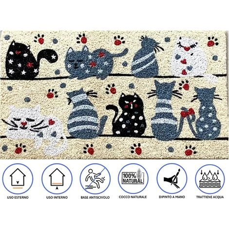 Baroni Home Paillasson D'extérieur En Coco Avec Base En PVC, Peint à La Main, Motif Chats à Rayures, 70 X 40 X 2 Cm. Facile à Laver Et Ultra Résistant 2 Baroni Home Paillasson D'extérieur En Coco Avec Base En PVC, Peint à La Main, Motif Chats à Rayures, 70 X 40 X 2 Cm. Facile à Laver Et Ultra Résistant – Image 2