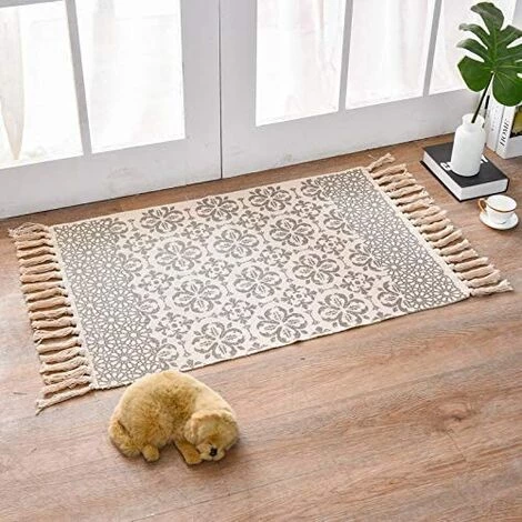 BEARSU Tapis En Coton, Tapis Décoratif Lavable Tissé Avec Pompon, Tapis De Sol Ethnique Chic à Franges Pour Cuisine, Salon, Chambre, Buanderie 60x90 Cm E 1 BEARSU Tapis En Coton, Tapis Décoratif Lavable Tissé Avec Pompon, Tapis De Sol Ethnique Chic à Franges Pour Cuisine, Salon, Chambre, Buanderie 60x90 Cm E
