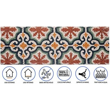Baroni Home Paillasson Entrée Maison En Coco Avec Base En PVC, Peint à La Main, Solide Et Nettoyage Facile, 70X25X2 Cm – Tapis à Motif Arabesque Rouge, Orange Et Bleu 4 Baroni Home Paillasson Entrée Maison En Coco Avec Base En PVC, Peint à La Main, Solide Et Nettoyage Facile, 70X25X2 Cm – Tapis à Motif Arabesque Rouge, Orange Et Bleu – Image 4
