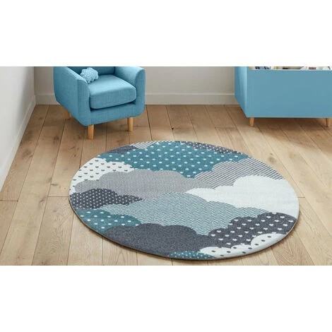BAMBI CLOUDY - Tapis Enfant Rond à Motifs Nuages - Bleu 160 X 160 Cm 1 BAMBI CLOUDY - Tapis Enfant Rond à Motifs Nuages - Bleu 160 X 160 Cm