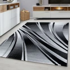 PARMA FLY - Tapis Moderne à Bandes Graphiques - Noir Et Gris 080 X 150 Cm