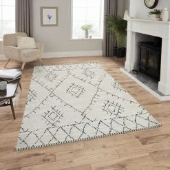 TAZNAXT TRIBAL - Tapis Berbère Laineux - Crème & Anthracite 140 X 200 Cm