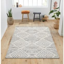 TAZNAXT TARA - Tapis Berbère Laineux - Crème & Anthracite 140 X 200 Cm