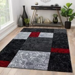 HAWAII CARRE - Tapis Géométrique à Carreaux - Noir Et Rouge 160 X 230 Cm