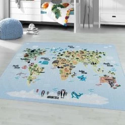PLAY CARTE DU MONDE - Tapis Enfant Lavable Bleu 80 X 120 Cm