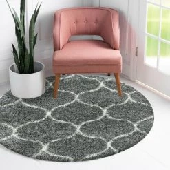 SALSA SALMA - Tapis Rond à Poils Longs Et Motifs Alhambra - Gris Et Blanc 120 X 120 Cm