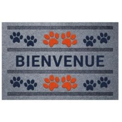 IDMAT - Tapis Flocke Estampes Bienvenue PatteS Rouge Bleu 40x60cm
