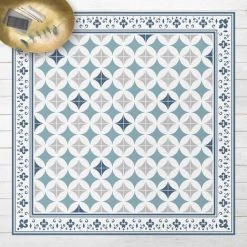 BILDERWELTEN Tapis En Vinyle - Geometrical Tiles Circular Flowers Dark Blue With Border - Carré 1:1 Dimension HxL: 100cm X 100cm