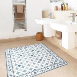 BILDERWELTEN Tapis En Vinyle - Geometrical Tiles Circular Flowers Dark Blue With Border - Carré 1:1 Dimension HxL: 100cm X 100cm -Tapis et paillasson Soldes 46831937 3