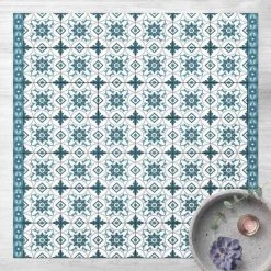 BILDERWELTEN Tapis En Vinyle - Geometrical Tile Mix Flower Blue Grey - Carré 1:1 Dimension HxL: 60cm X 60cm