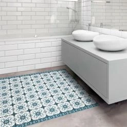 BILDERWELTEN Tapis En Vinyle - Geometrical Tile Mix Flower Blue Grey - Carré 1:1 Dimension HxL: 60cm X 60cm -Tapis et paillasson Soldes 46831998 3