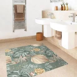BILDERWELTEN Tapis En Vinyle - Large Leaves With Roses In Front Of Green - Carré 1:1 Dimension HxL: 80cm X 80cm -Tapis et paillasson Soldes 46854599 3