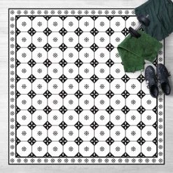BILDERWELTEN Tapis En Vinyle - Geometrical Tiles Cottage Black And White With Border - Carré 1:1 Dimension HxL: 80cm X 80cm