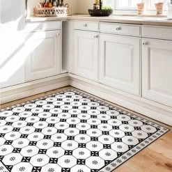 BILDERWELTEN Tapis En Vinyle - Geometrical Tiles Cottage Black And White With Border - Carré 1:1 Dimension HxL: 80cm X 80cm -Tapis et paillasson Soldes 46855431 3