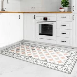 BILDERWELTEN Tapis En Vinyle - Geometrical Tiles Circular Flowers Orange With Border - Portrait 2:1 Dimension HxL: 80cm X 40cm -Tapis et paillasson Soldes 46860043 3