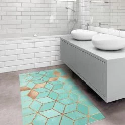 BILDERWELTEN Tapis En Vinyle - Elisabeth Fredriksson - Turquoise White Golden Geometry - Paysage 1:2 Dimension HxL: 80cm X 160cm -Tapis et paillasson Soldes 46866706 3