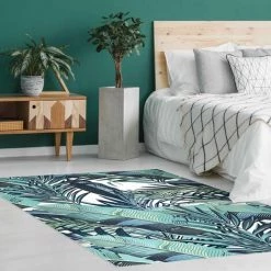 BILDERWELTEN Tapis En Vinyle - Turquoise Leaves Jungle Pattern - Portrait 4:3 Dimension HxL: 120cm X 90cm -Tapis et paillasson Soldes 46879685 3