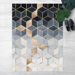 BILDERWELTEN Tapis En Vinyle - Elisabeth Fredriksson - Blue White Golden Geometry - Portrait 4:3 Dimension HxL: 60cm X 45cm