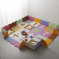 UNHO Tapis De Puzzles En Mousse Pour BéBé 142x142cm Tapis D’Éveil Épais Jeux Enfant Dalles De Sol Souple Avec Clôture Alphabet/Chiffres