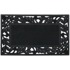 Relaxdays Paillasson Motif Feuilles, LxP : 75 X 45 Cm, Antidérapant, Résistant, Tapis Extérieur Intérieur, Noir